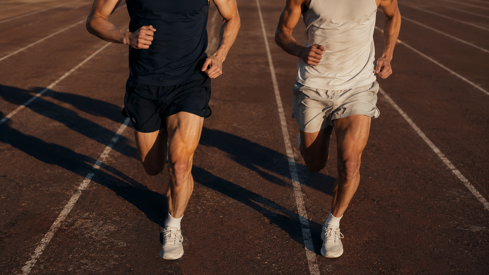 Tracksmith vs On Running apparel comparison — two runners side by side on track at dusk