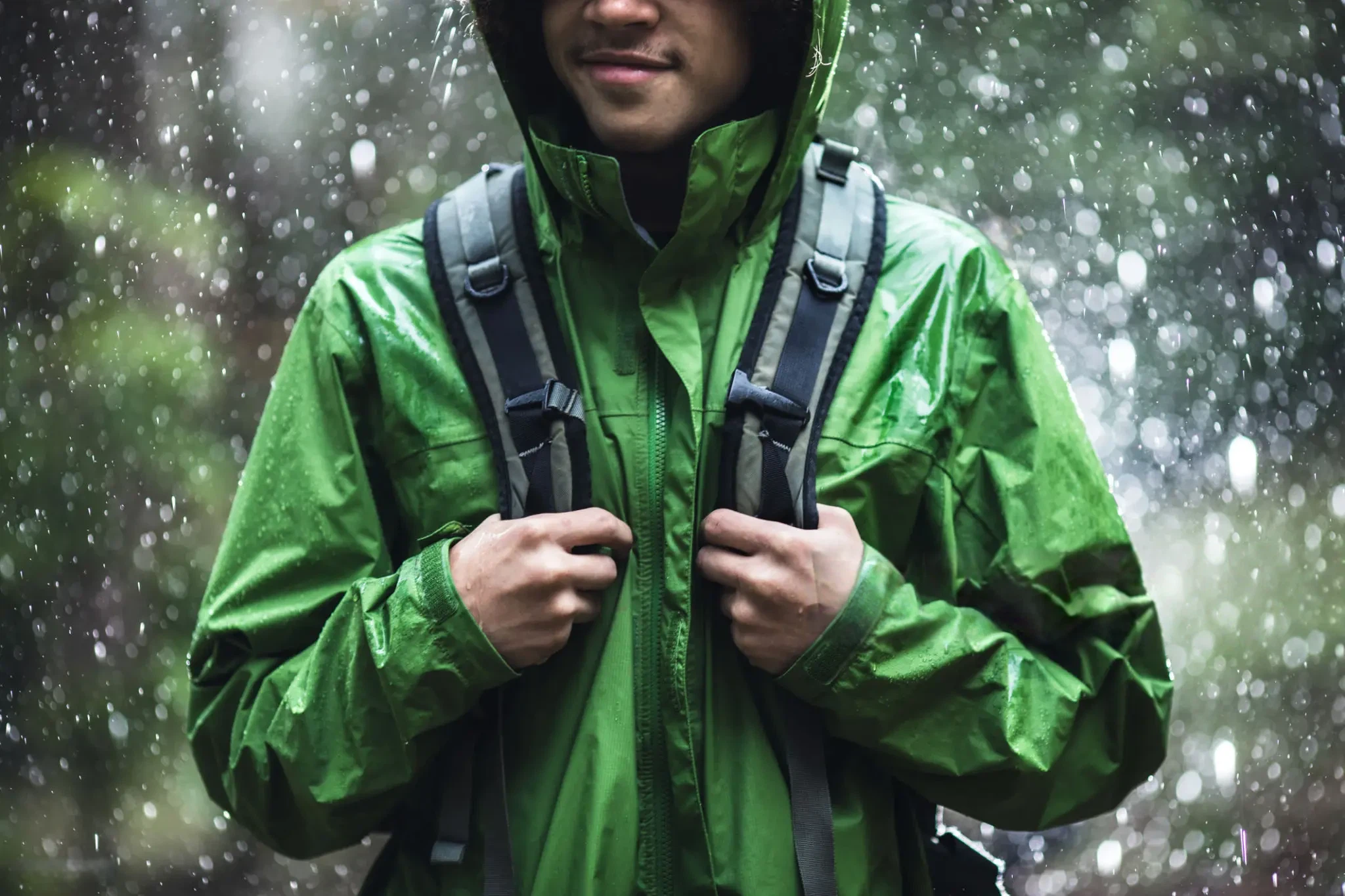 Rain jacket DWR failure explained — wet rain jacket face fabric wetting out on trail